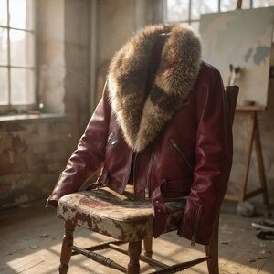 Elegant Burgundy Leather Jacket with Genuine Fox Fur Collar